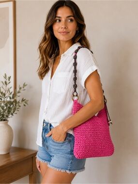 Sun and Sand Handwoven Pink Crossbody Bag with Beaded Strap